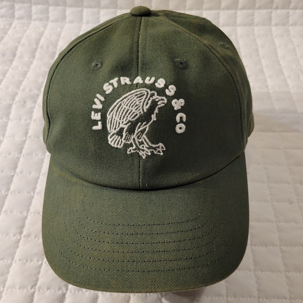 RARE Levi Strauss & Co Men Green Cap Eagle Embroidered Leather Strapback Dad Hat